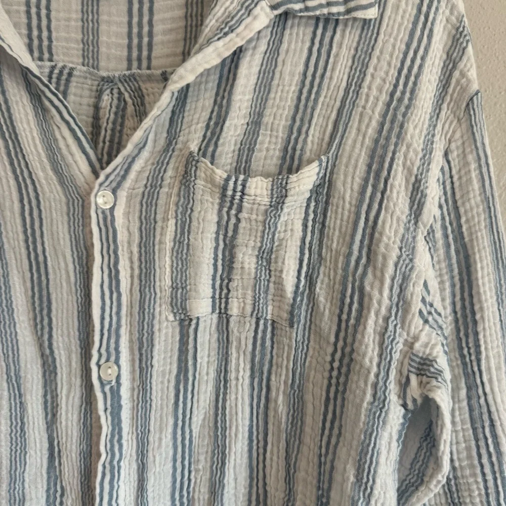 Softest Cotton Blue Striped Oversized Button Down Coastal Grandma Boho Chic - Picture 3 of 7